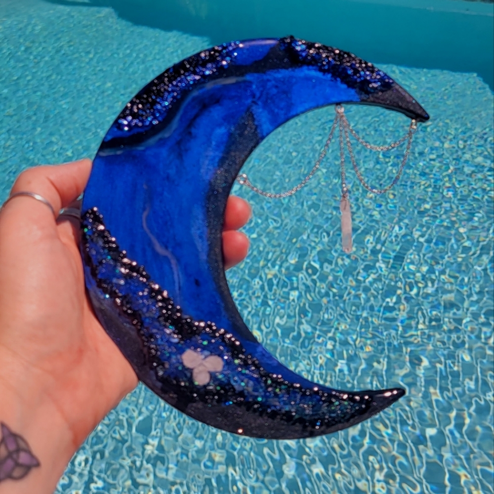 Cresent Moon With Clear Quartz and Aura Quartz wall decor
